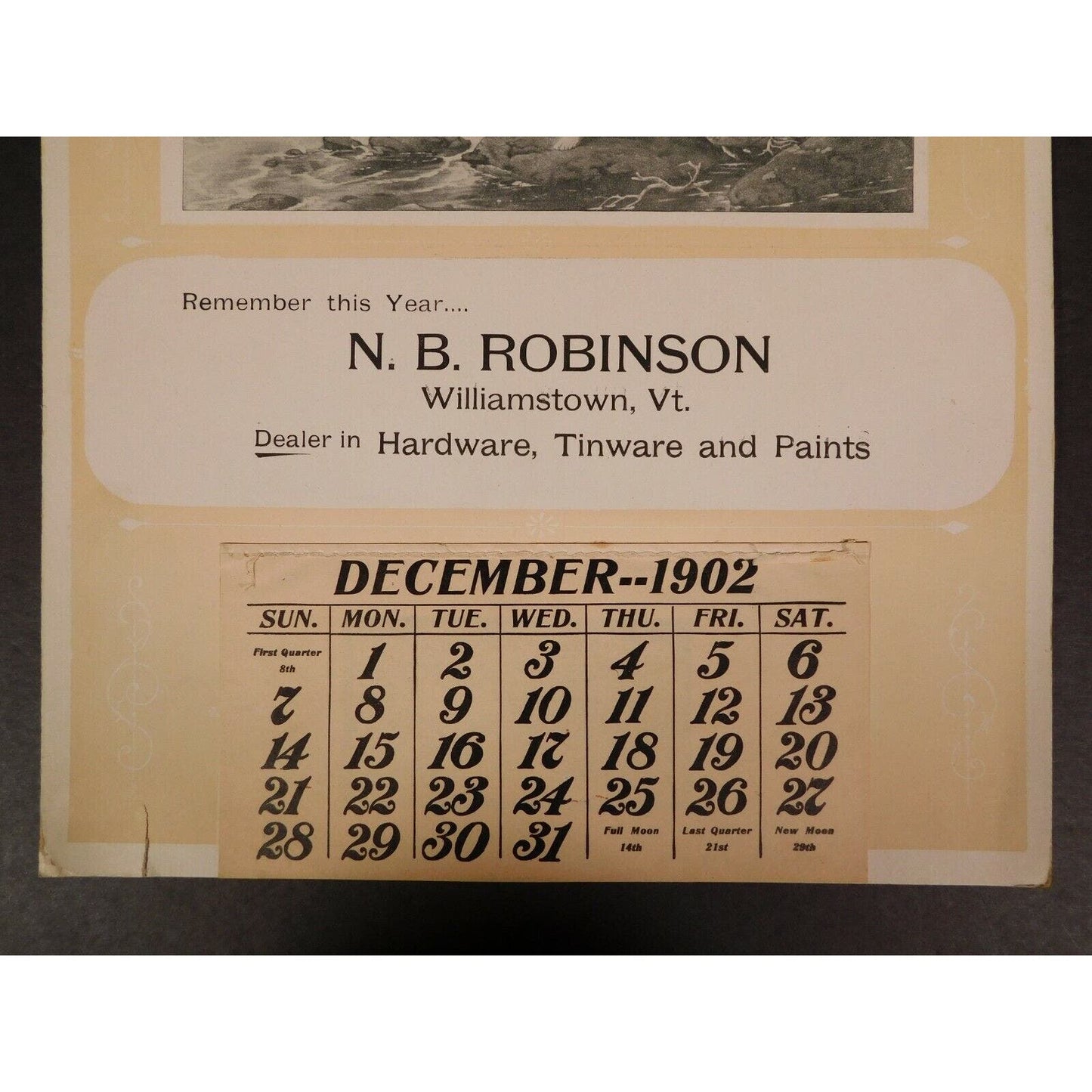 N. B. Robinson 1902 Calendar Williamstown Vermont - "Hardware Tinware & Paints"