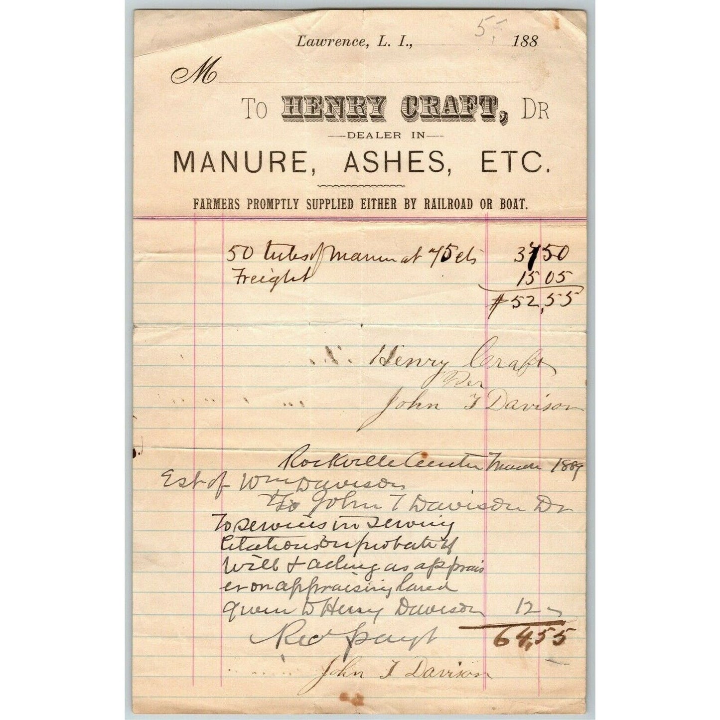 Lawrence LI NY Letterhead Billhead 1889 Henry Craft Manure Ashes by RR or Boat