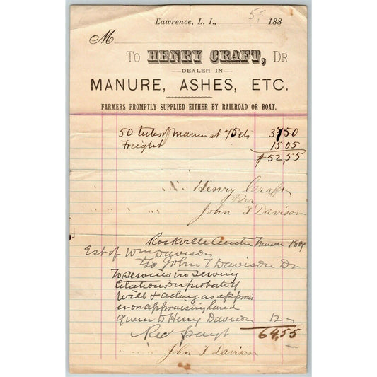 Lawrence LI NY Letterhead Billhead 1889 Henry Craft Manure Ashes by RR or Boat