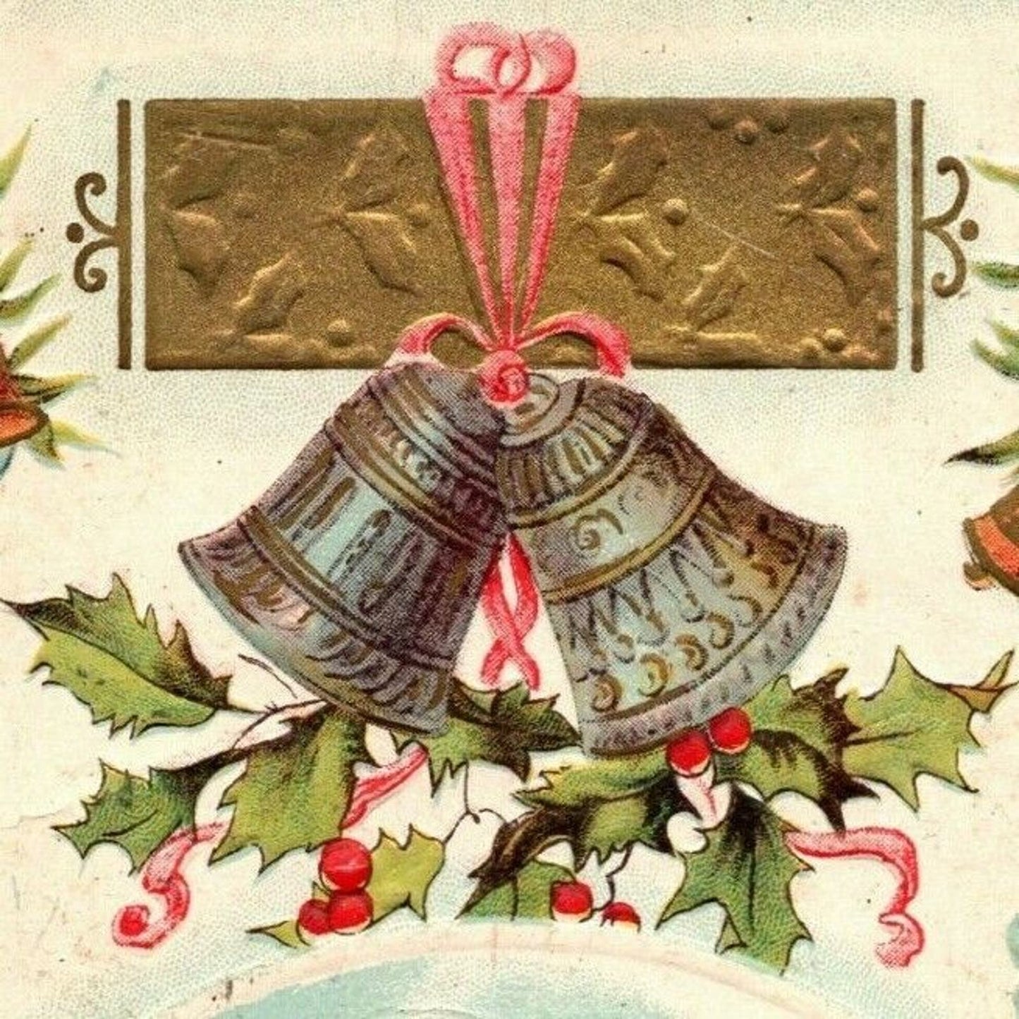 Vintage Postcard c1919 A Very Merry Christmas w/ Bells & Winter Home - Emboss