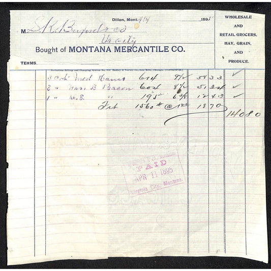 Montana Mercantile Co. 1895 Dillon, MT Letterhead Buford* Large Tear