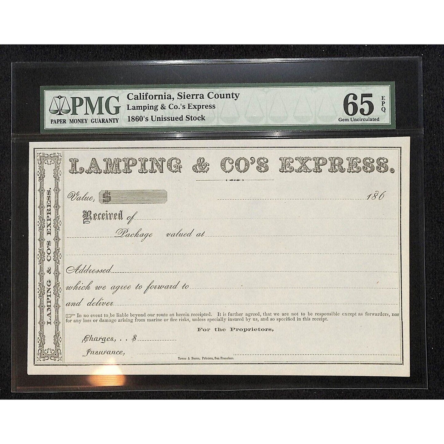 Lamping & Co's Express 1860's NOS Shipping Receipt PMG Graded Gem Uncirculated