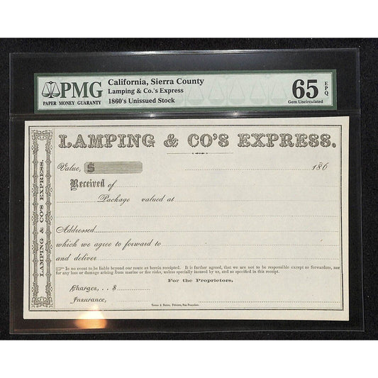 Lamping & Co's Express 1860's NOS Shipping Receipt PMG Graded Gem Uncirculated