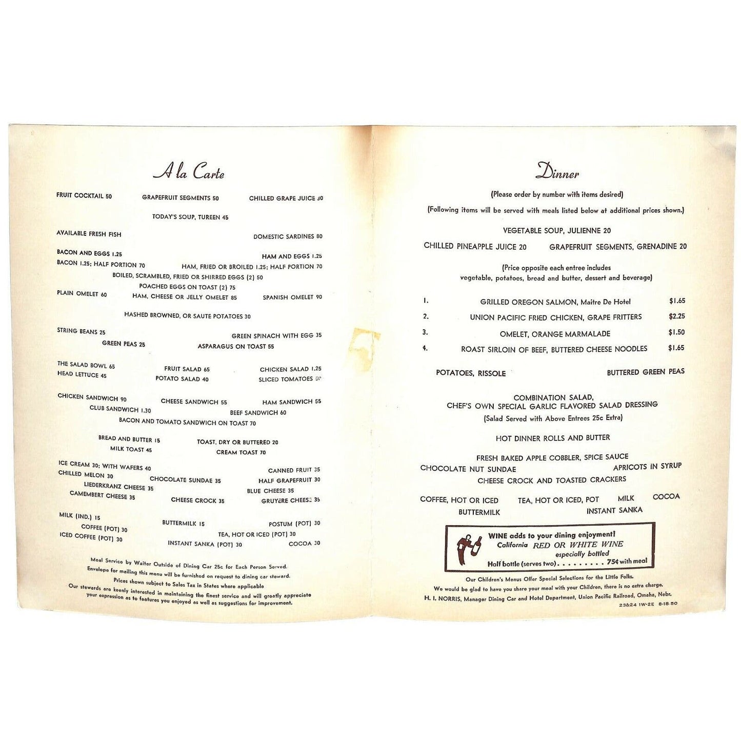 1950 San Francisco Overland Railroad Dining Color Photo Menu Golden Gate Bridge
