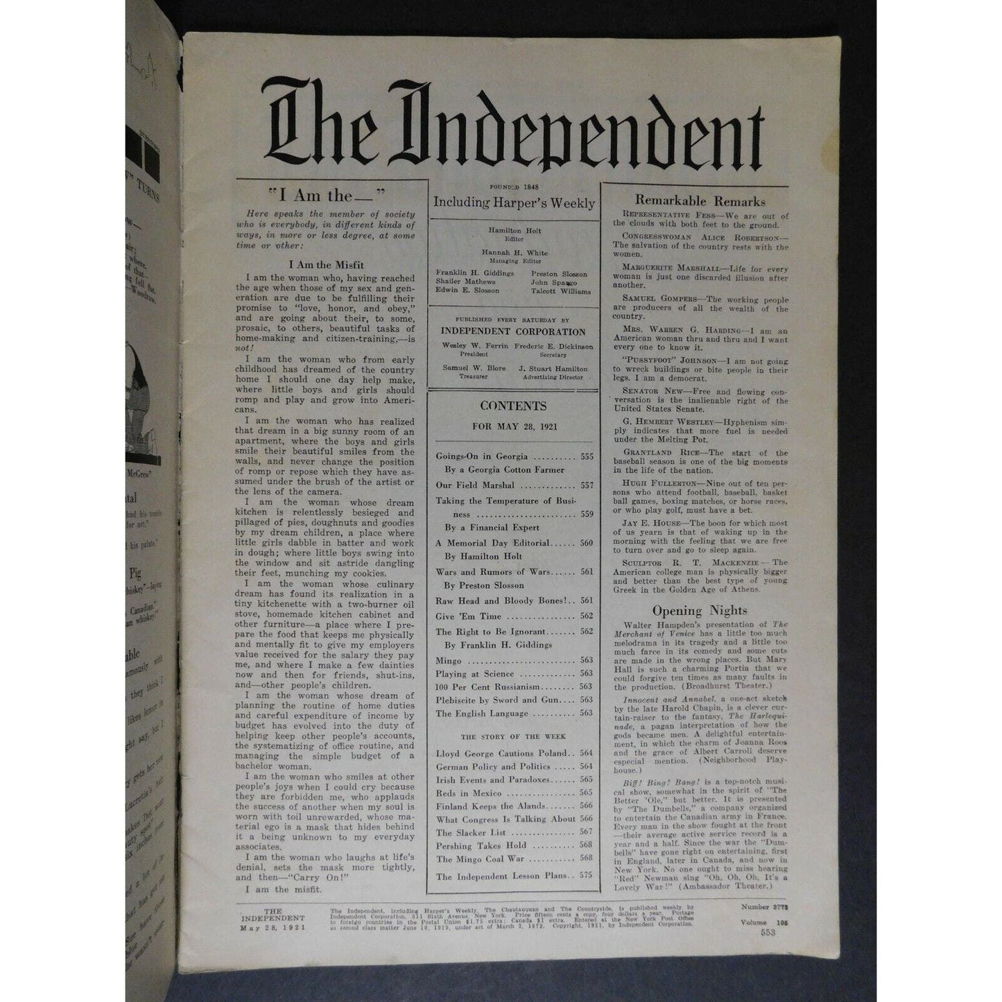 "The Independent Weekly" Marshal Foch's Visit May 28 1921 - 24 pgs.