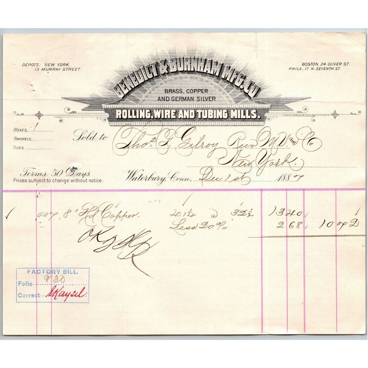 1887 "Benedict & Burnham Mfg. Co" Copper Billhead Letterhead Waterbury - CONN
