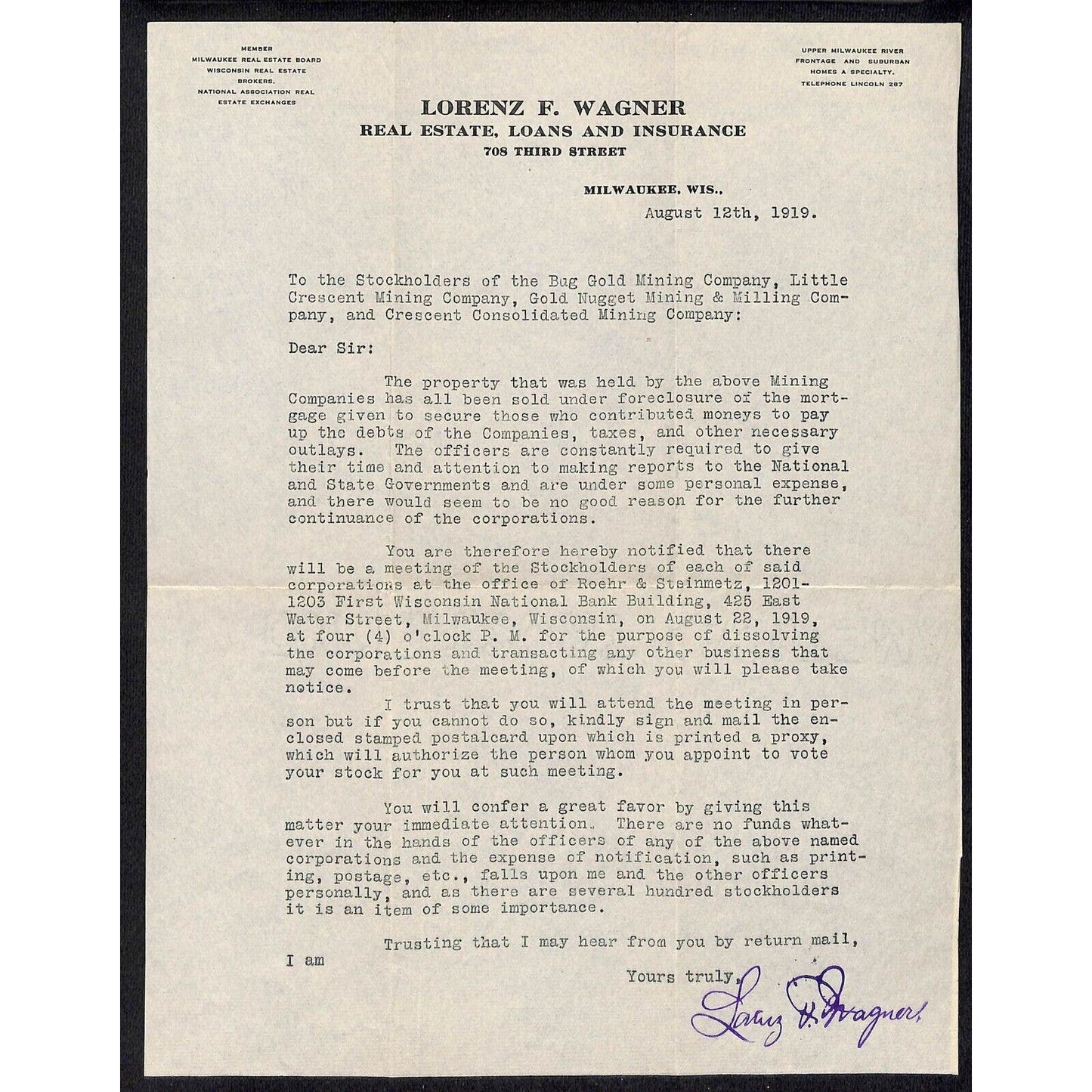 Lorenz F. Wagner 1919 3 Letterheads 1 re: Bug Gold Mining Property Foreclosure