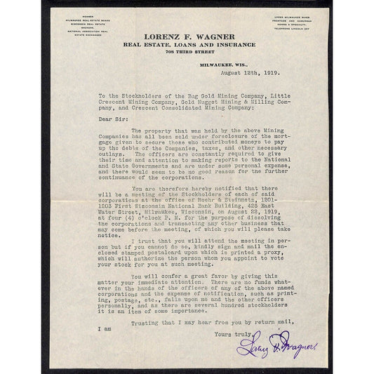 Lorenz F. Wagner 1919 3 Letterheads 1 re: Bug Gold Mining Property Foreclosure