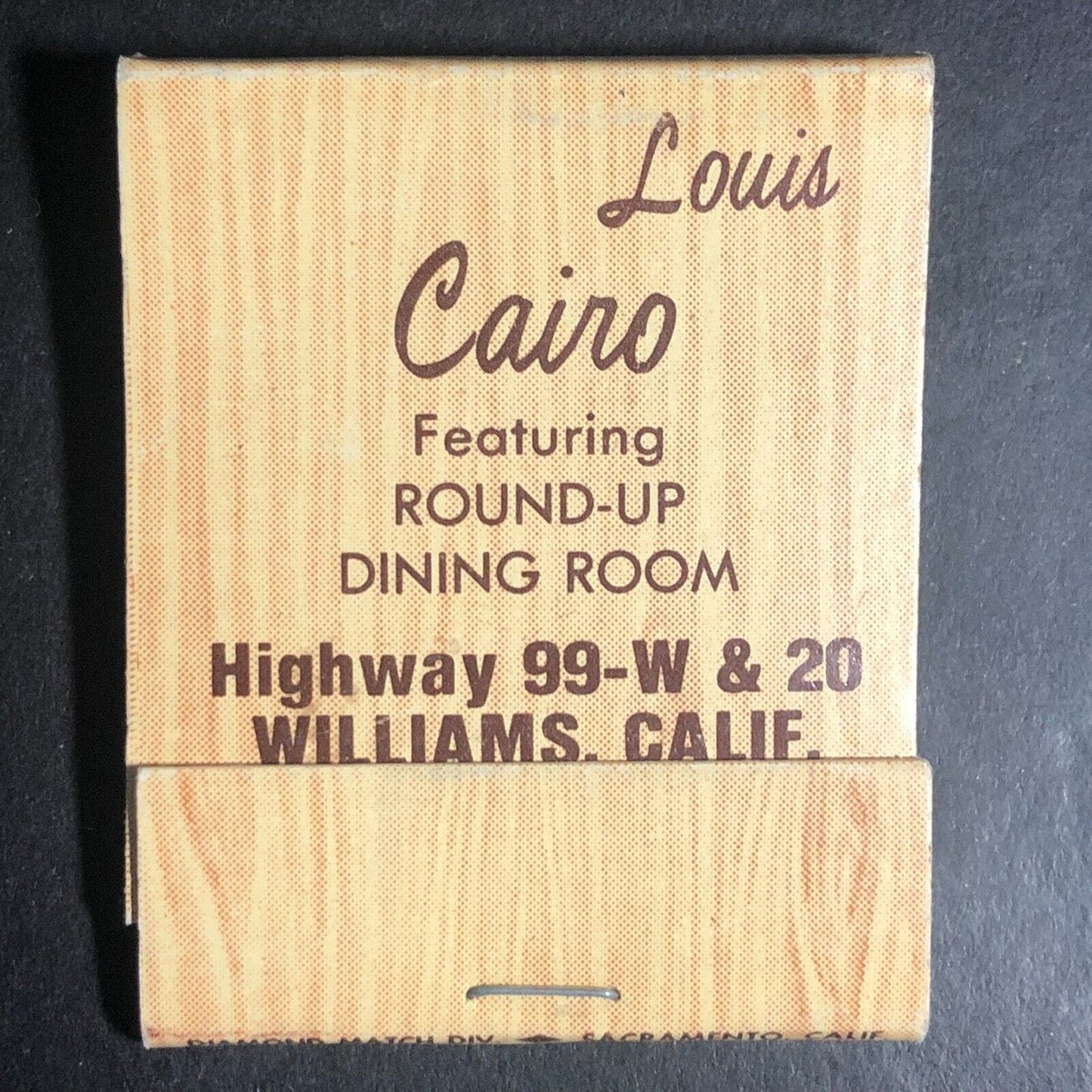 Williams, CA Louis Cairo Restaurant Steaks Cocktail Lounge Full Matchbook c1975