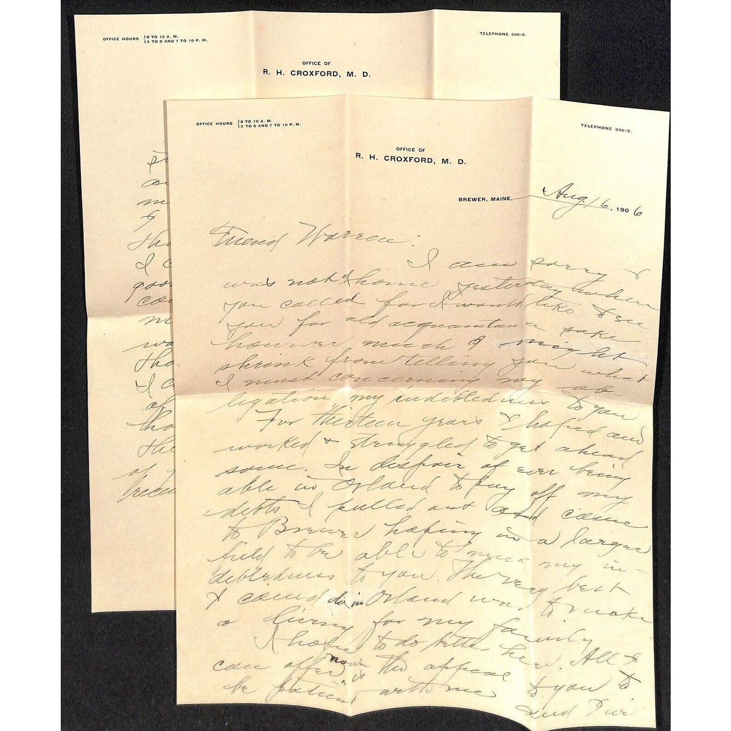 Newburgh, ME Amos W. Knowlton* 1906 Brewer R.H. Croxford, M.D. ALS re: Debts