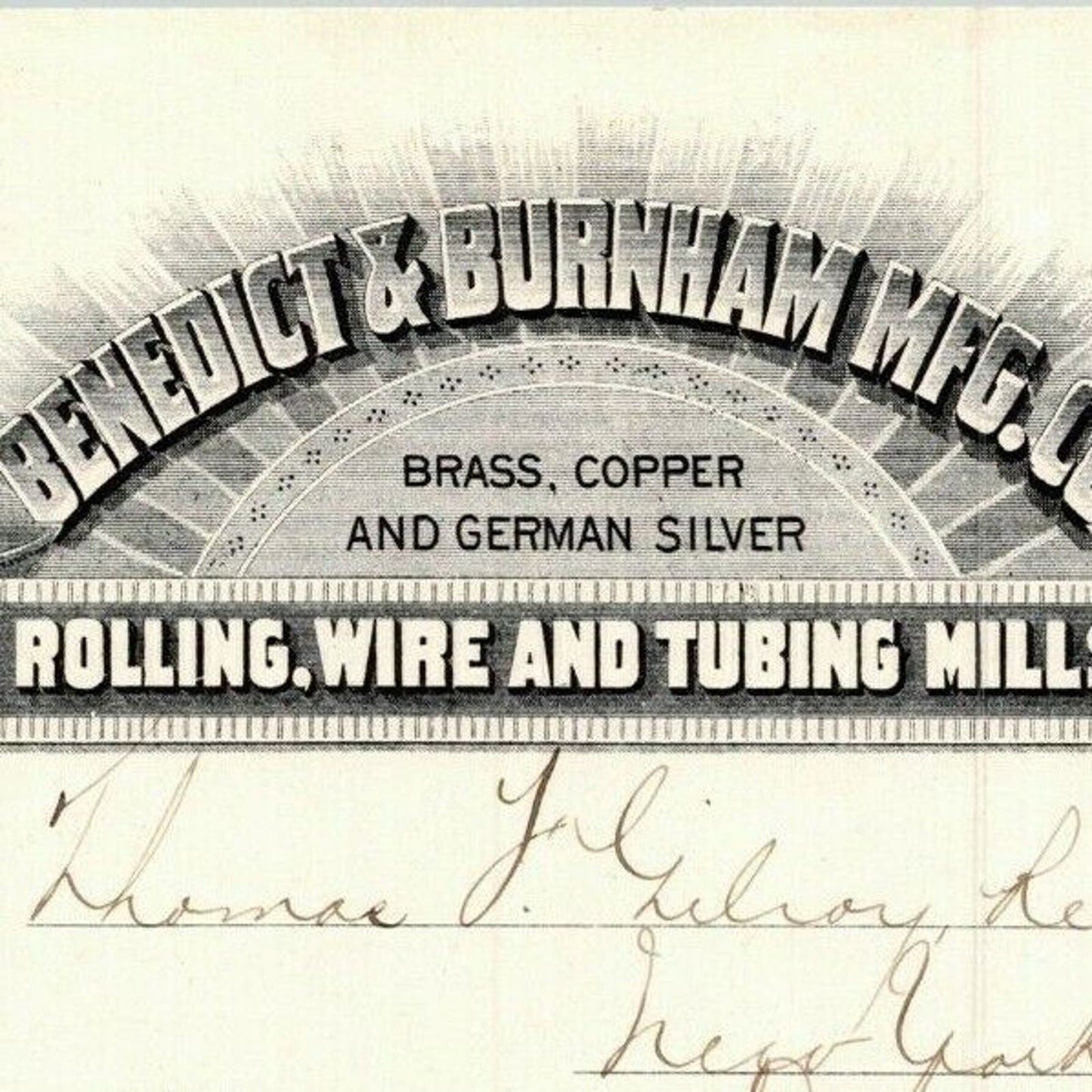1887 "Benedict & Burnham Mfg. Co." Rolling Wire Billhead Letterhead Waterbury CT