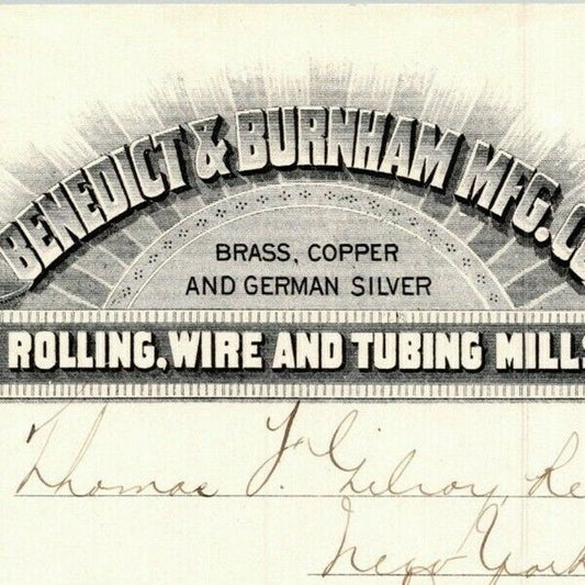 1887 "Benedict & Burnham Mfg. Co." Rolling Wire Billhead Letterhead Waterbury CT