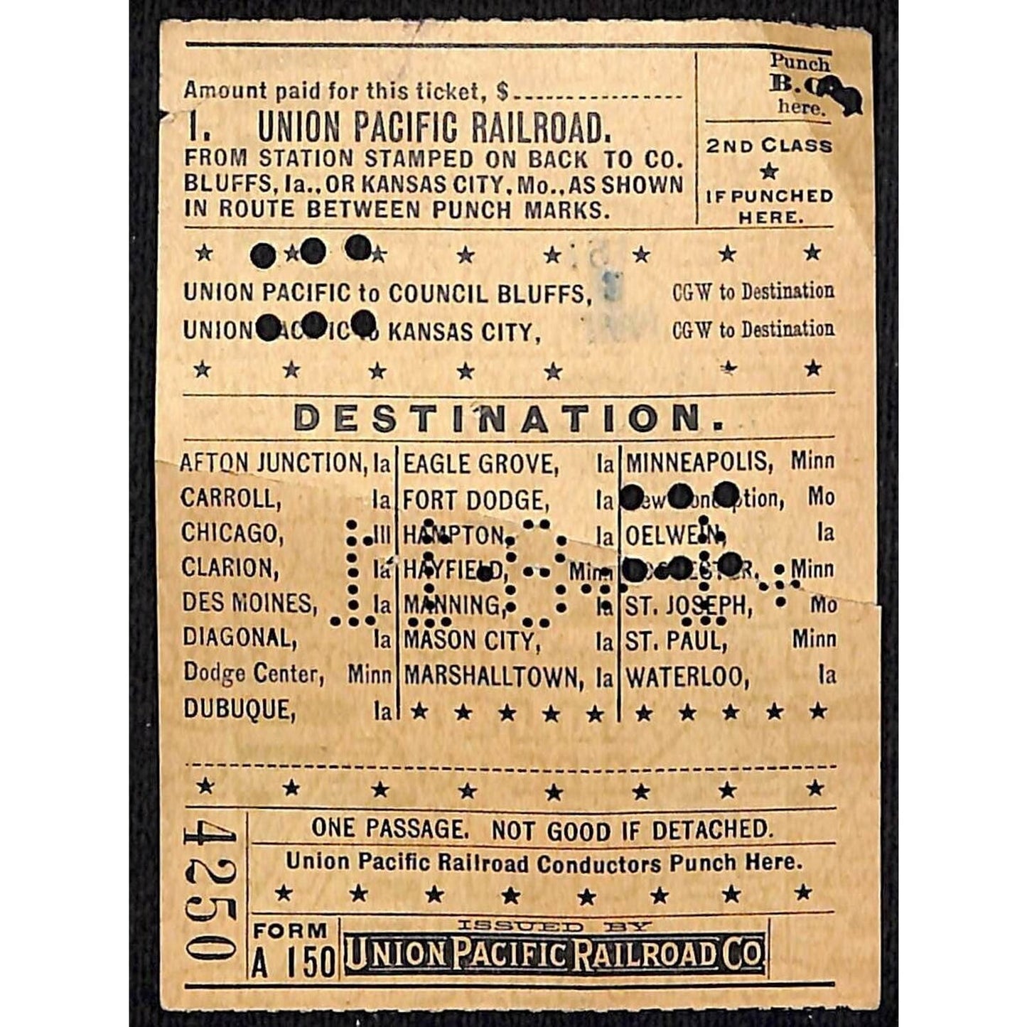 1911 Union Pacific Railroad Ticket Council Bluffs / Kansas City #4250
