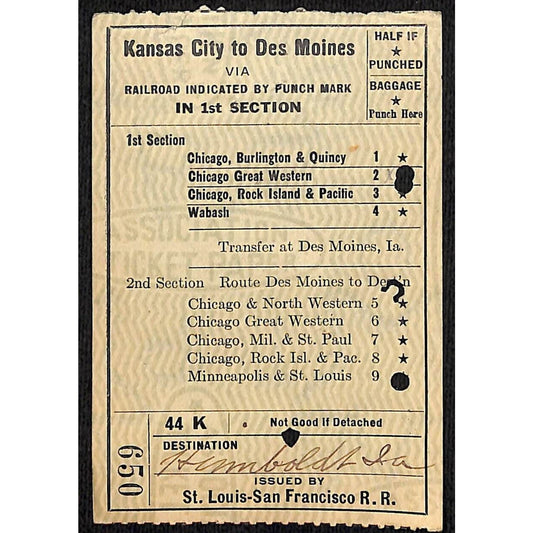 1922 St. Louis - San Francisco Railroad Ticket Kansas City / Des Moines #650
