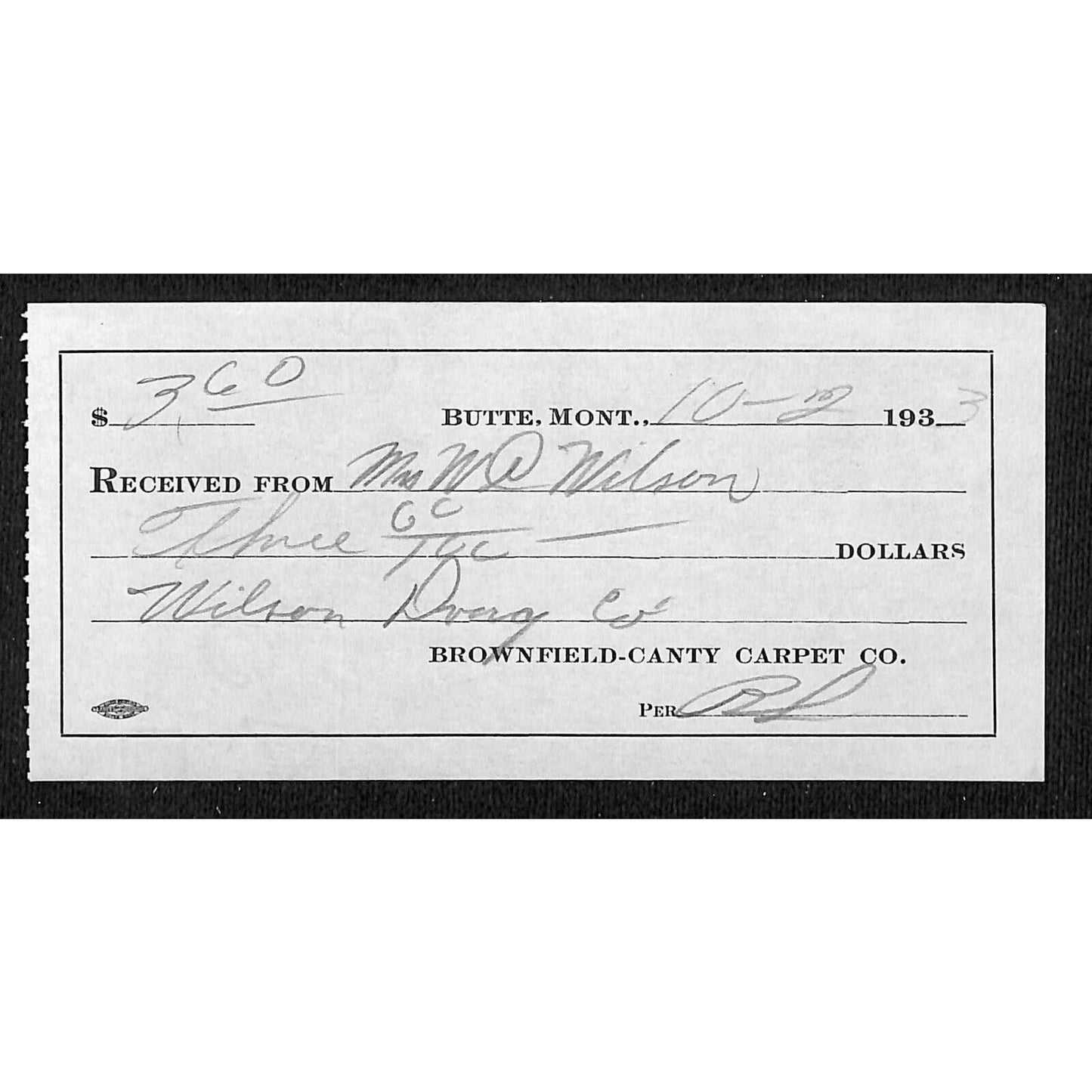 Brownfield-Canty Carpet Co. t Butte Montana 1933 Billhead Letterhead Wilson Drug