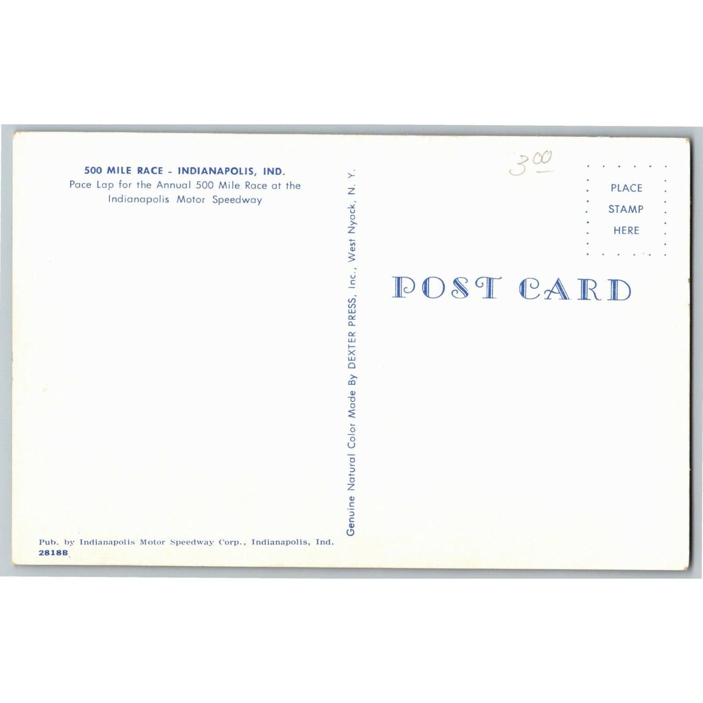 Indy 500 Postcard 1957 "Pace Lap - Annual 500 - Indianapolis Unposted - VGC