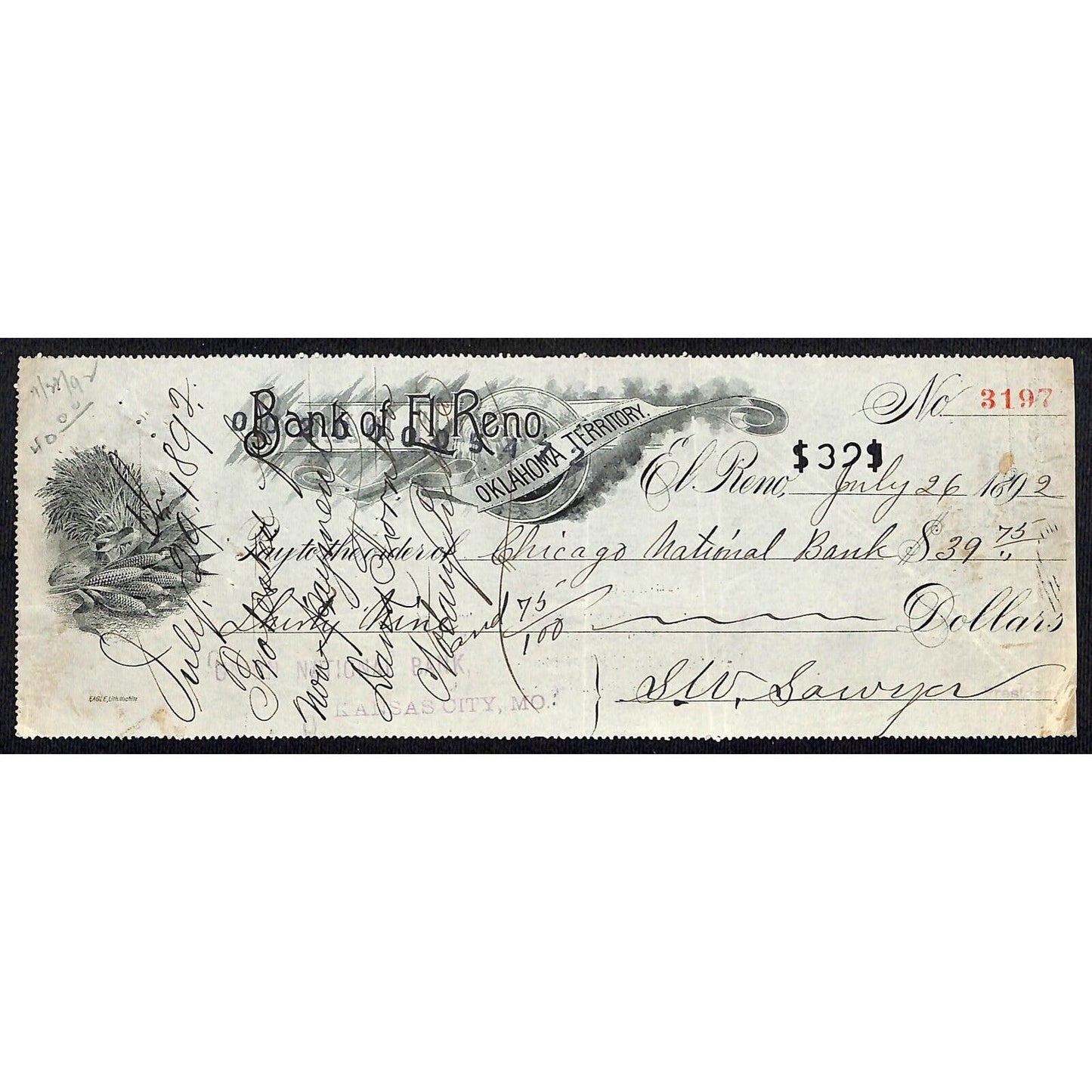 El Reno, OK 1892 Territorial "Bank of El Reno" Check Corn Vignette - Scarce