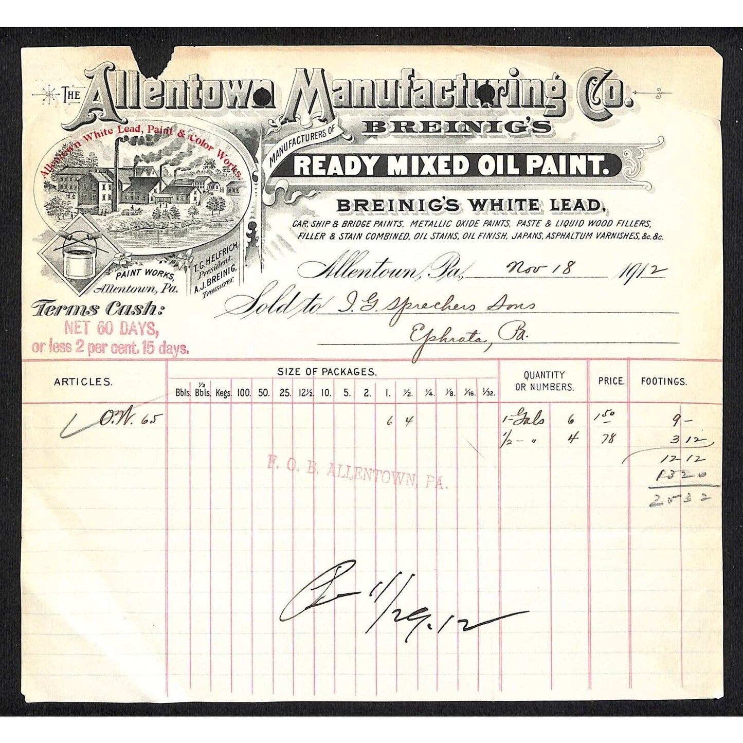 Allentown, PA Allentown Mfg. Breinig's White Lead & Oil Paints 1912 Billhead