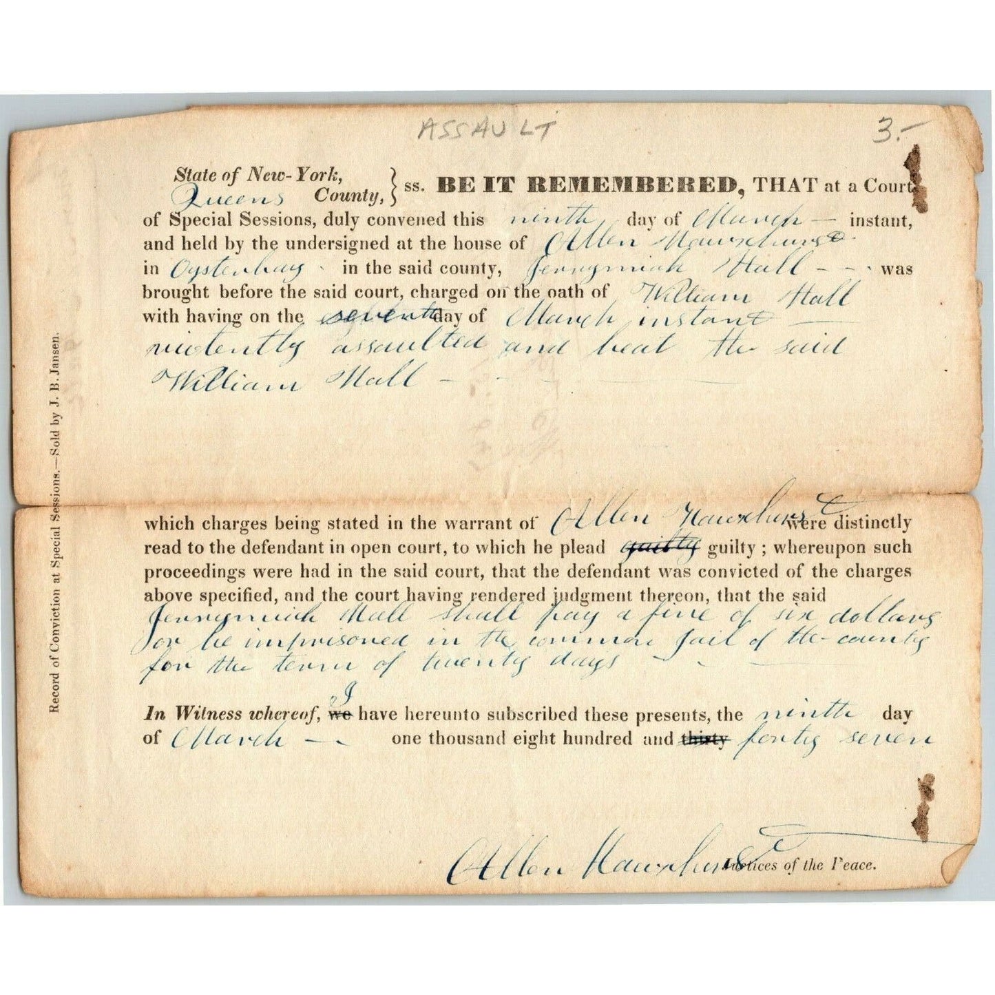 Queens County New York Court Document re: Assault 1847