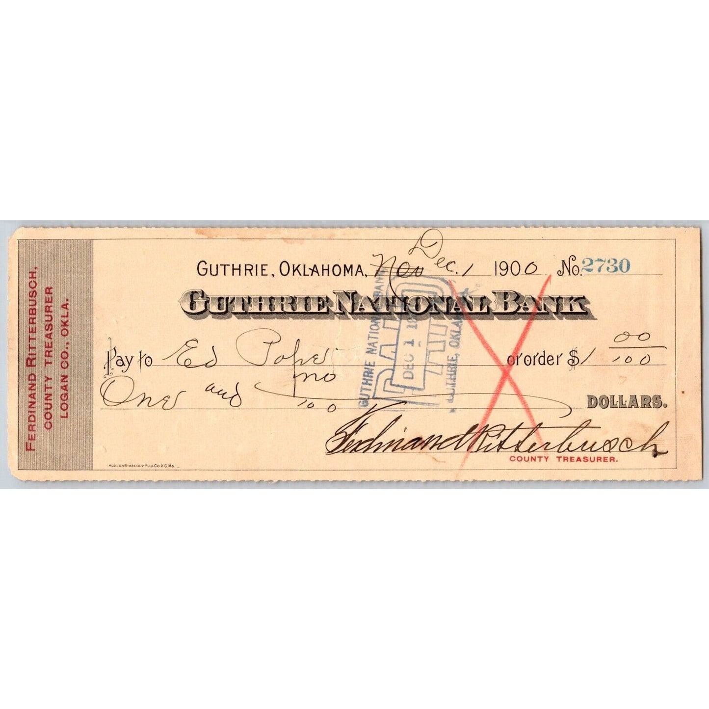 Guthrie, Oklahoma Territorial 1900 $1 County Treasurer Check