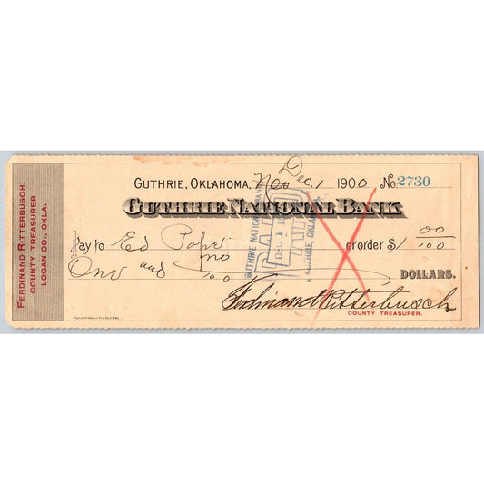 Guthrie, Oklahoma Territorial 1900 $1 County Treasurer Check