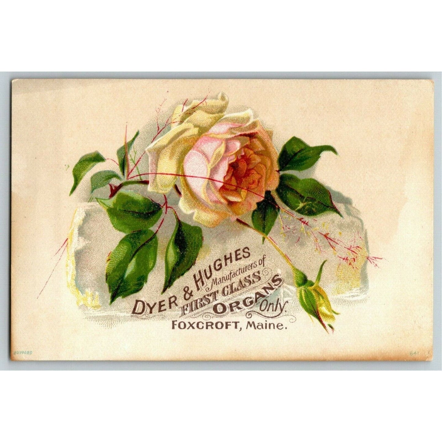 Victorian Trade Card Dyer & Hughes Organs - Foxcroft, Maine - Rose