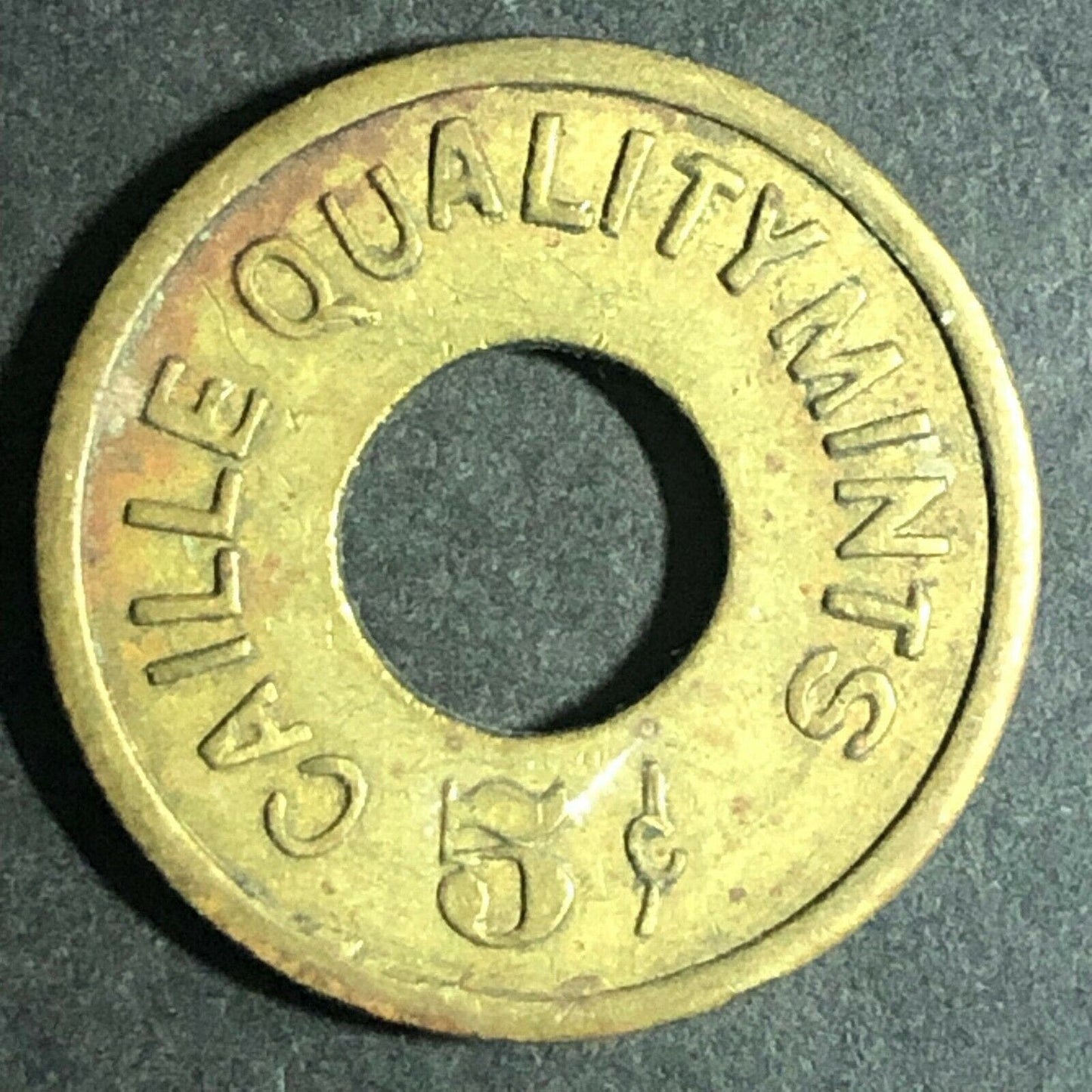 Vintage 21mm Brass "Callie Quality Mints - Good For 5c Roll of Mints" Token