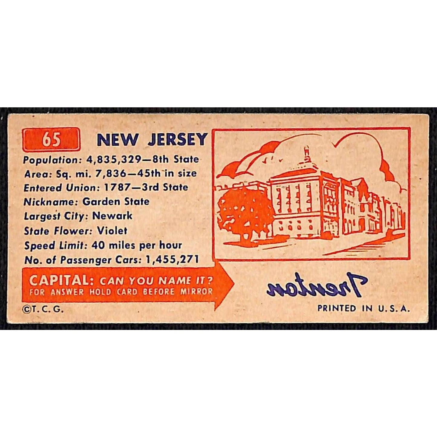 New Jersey Topps Gum License Plate Card Statistics Info Card c1953