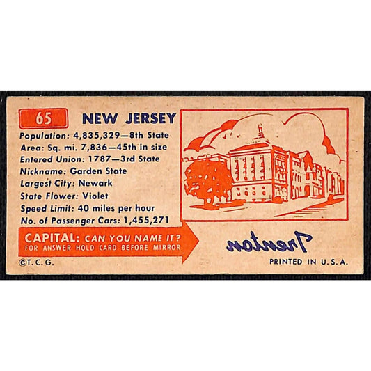 New Jersey Topps Gum License Plate Card Statistics Info Card c1953