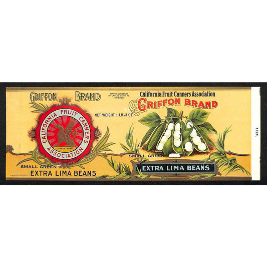 Griffon Extra Lima Beans Paper Can Label Embossed Gold Ink c1920's Scarce