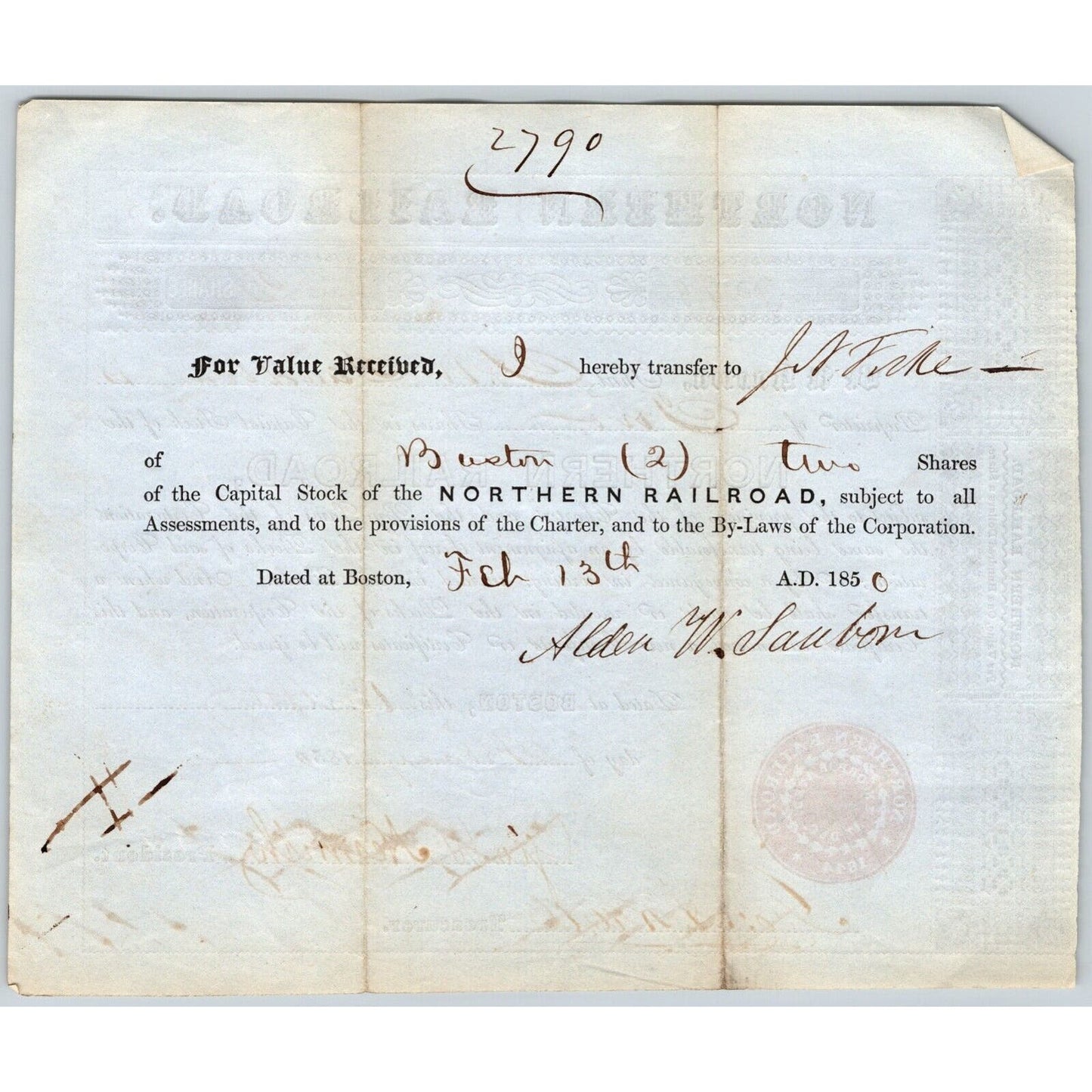 1850 Boston, MA Northern Railroad Stock Certificate No. 7579 for 2 Shares