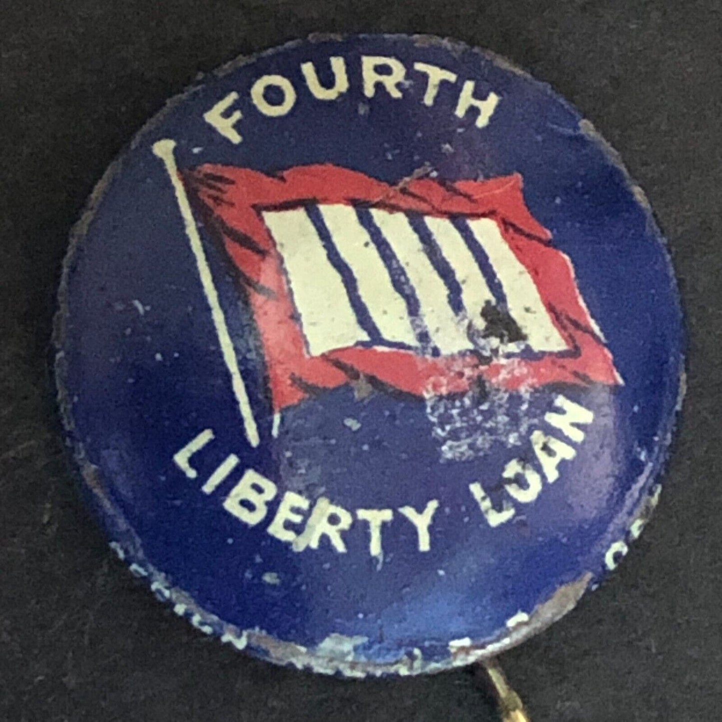 WWI Fourth Liberty Loan Steel Pinback Button w/ Flag - c1918