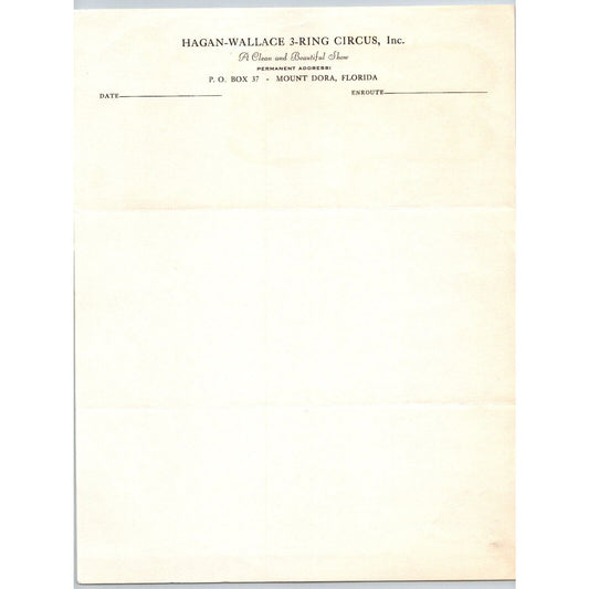 Hagan Wallace 3-Ring Circus Letterhead c1952 Mount Dora, FL