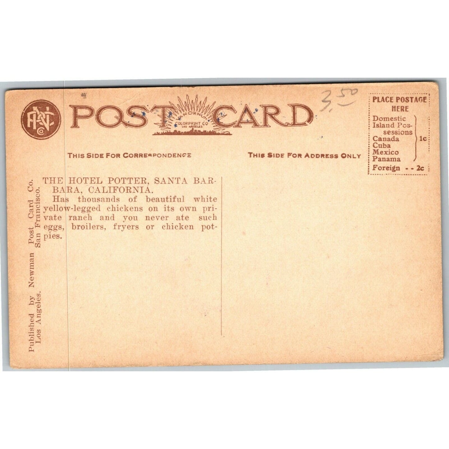 Vintage PPC Postcard - Hotel Potter, Santa Barbara w/ Private Chicken Ranch