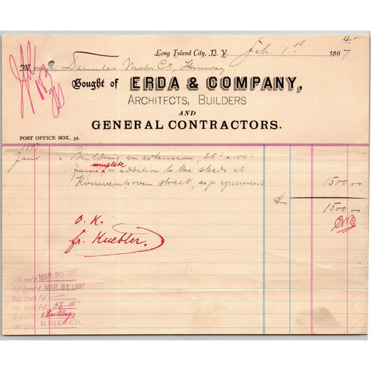 ERDA & Co. Architects Builders 1897 Letterhead LIC NY to Daimler Motors Steinway