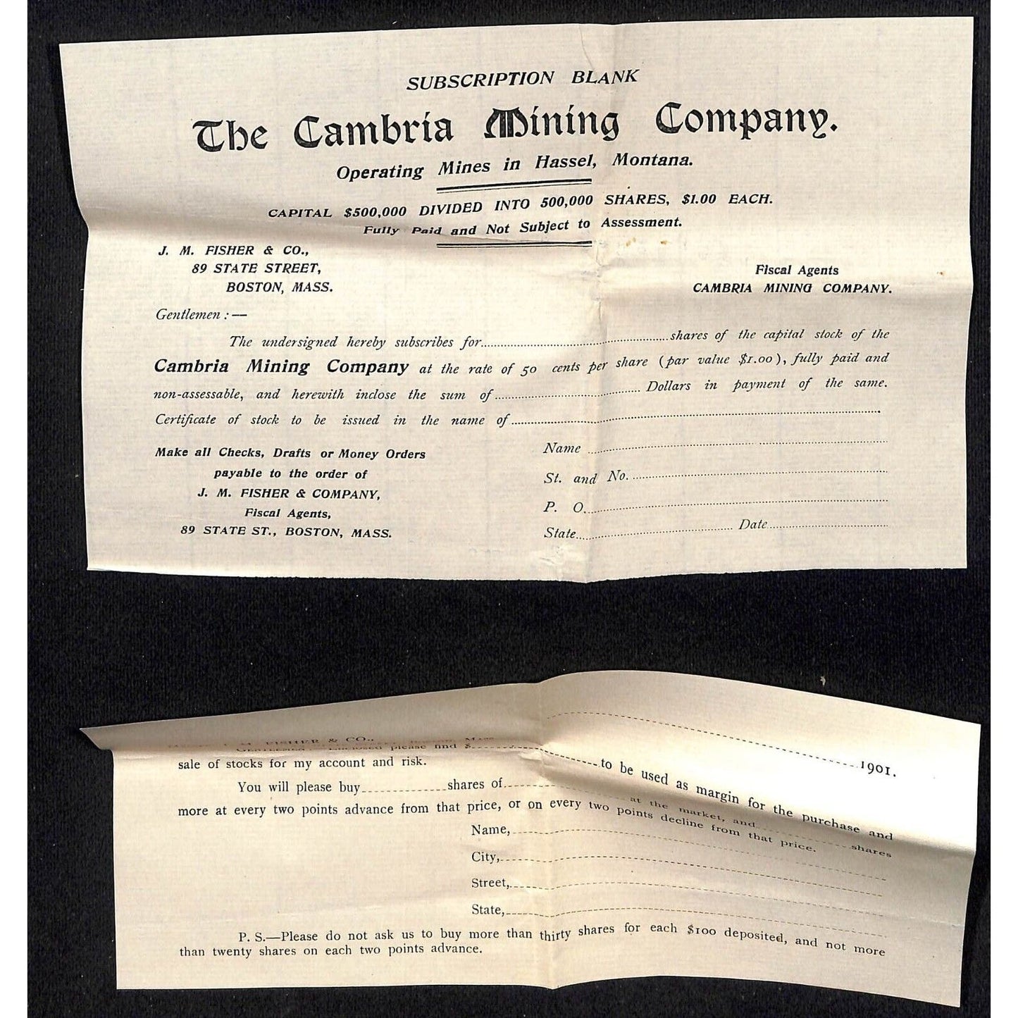 Newburgh, ME Amos W. Knowlton* 1901 Boston JM Fisher Cambria Mining Stock Offer+