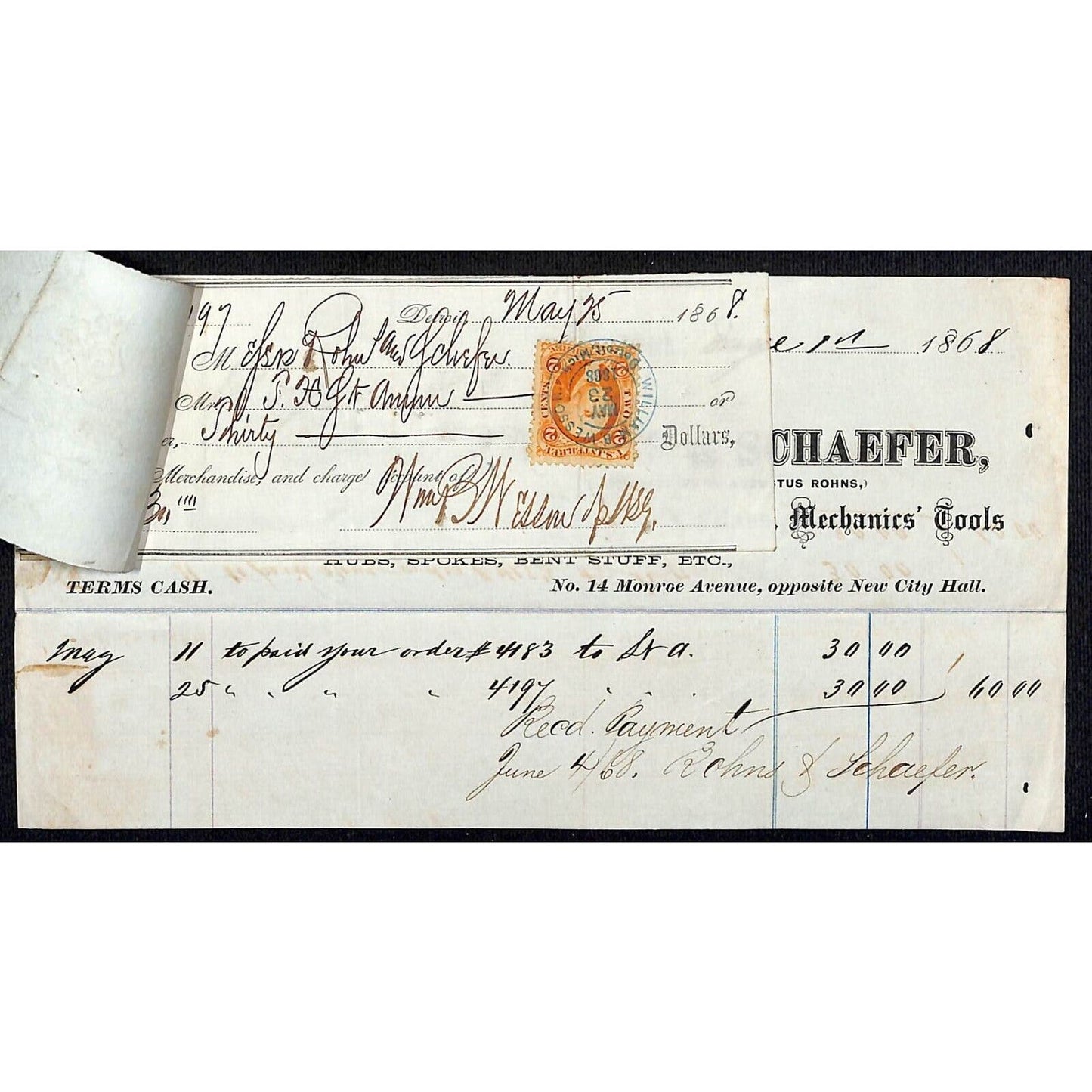 Detroit Letterhead Rons & Schaefer Hardware Cutlery Stoves 1868 w/ 2 Rev Stamps