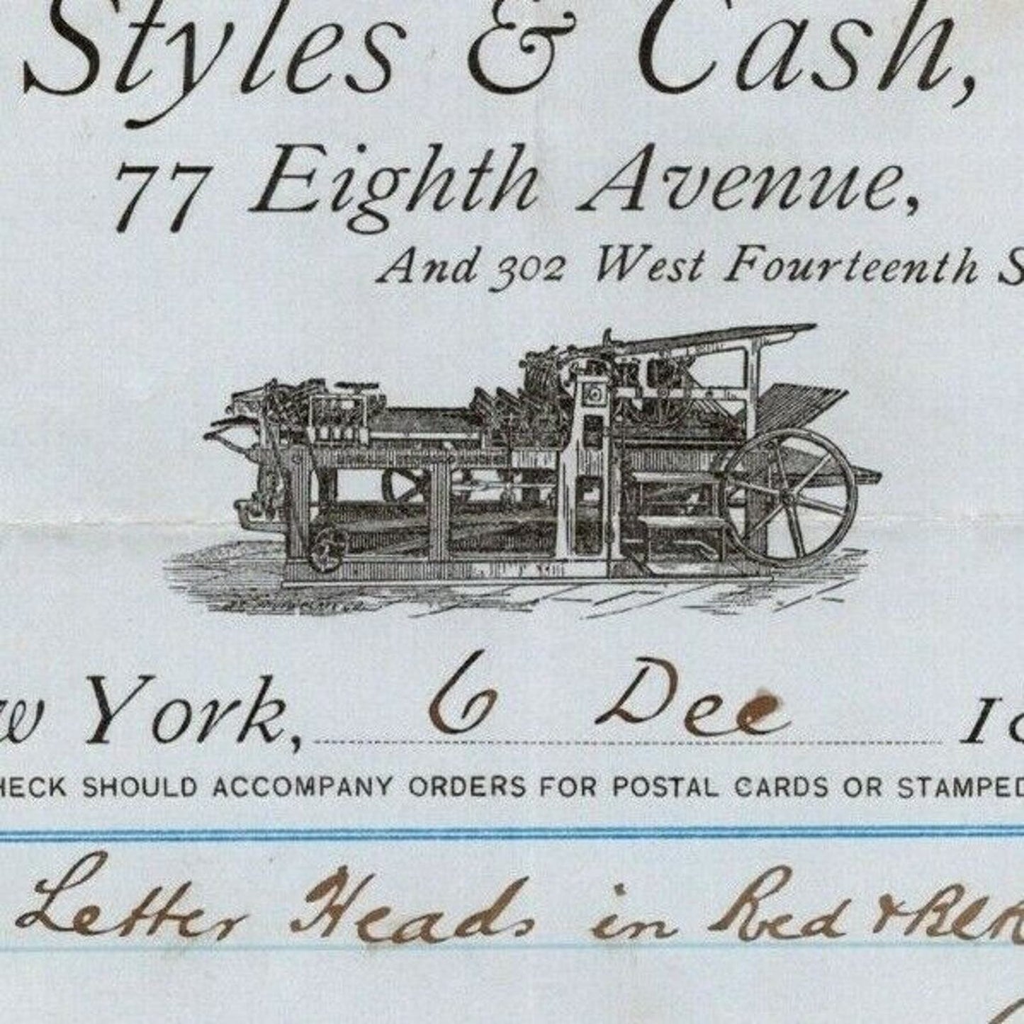 1887 Styles & Cash Book Printers Stationers Billhead Letterhead 77 8th Ave NYC