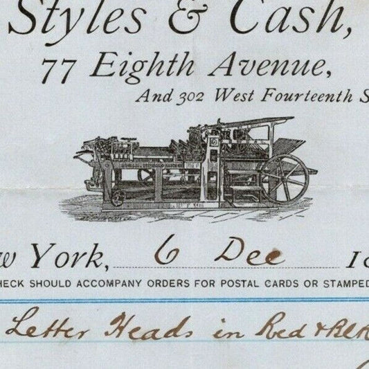 1887 Styles & Cash Book Printers Stationers Billhead Letterhead 77 8th Ave NYC