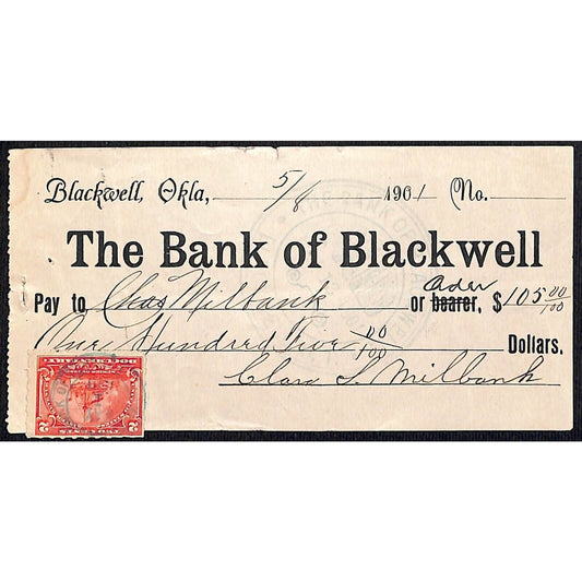 Blackwell, OK 1901 Territorial" Bank of Blackwell" Check w/ Tax Stamp - Scarce