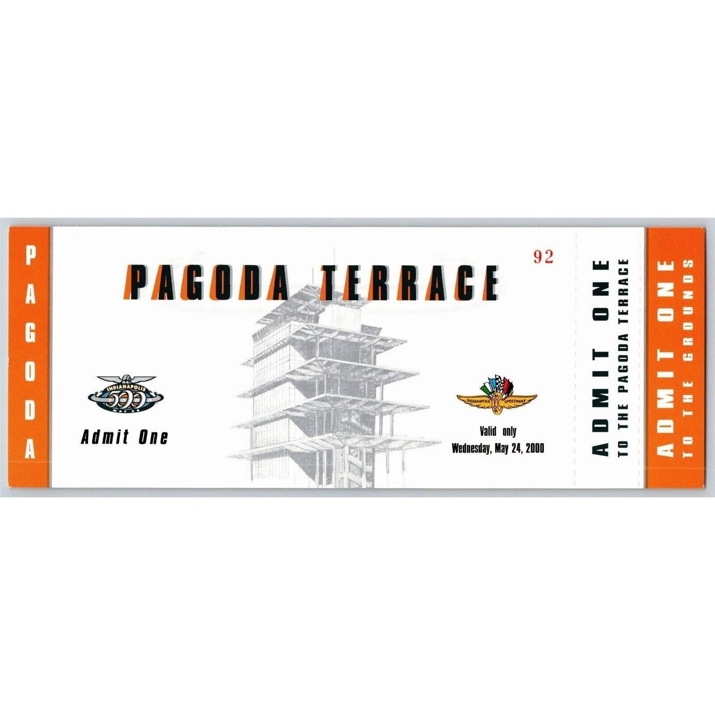 2000 Indy 500 Wed 5/24 Pagoda Terrace Unused Ticket IMS #92