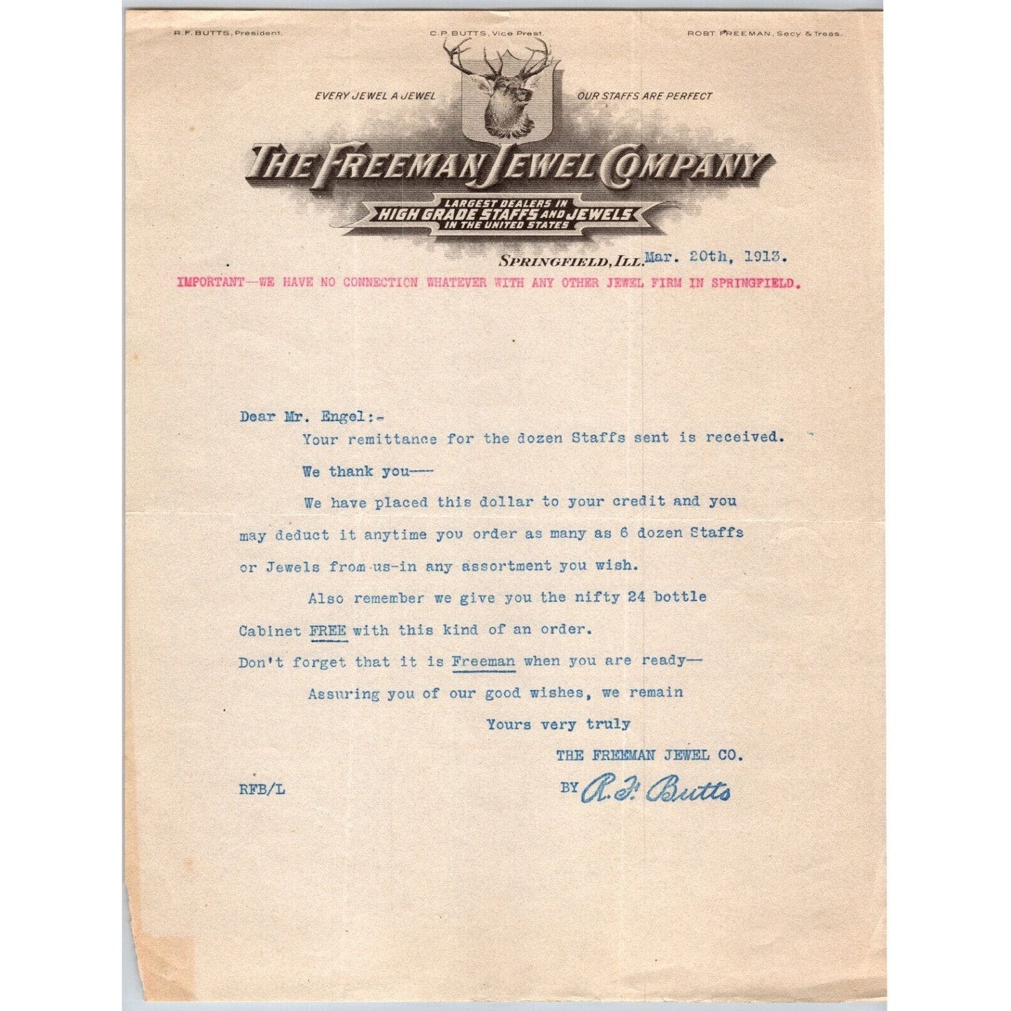 Springfield, IL The Freeman Jewel Co. Staffs "Engel" Letterhead Scarce