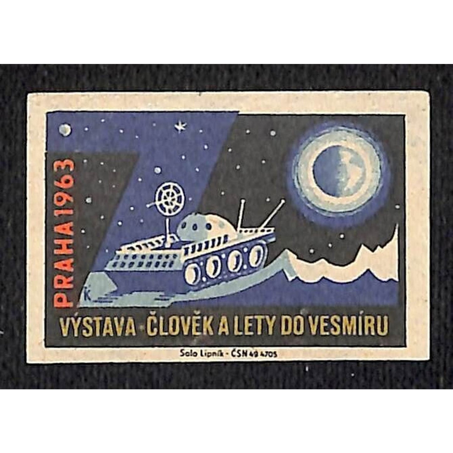 Vintage USSR Space Matchbox Label 1963 Prague / Space Rover c1960s