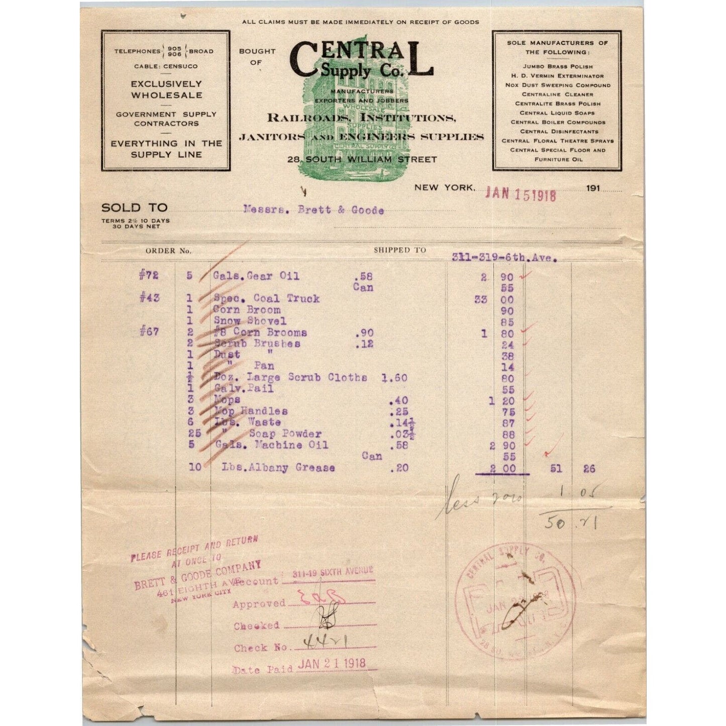 1918 Central Supply Co. Soap Brass Polish Billhead Letterhead South William NYC