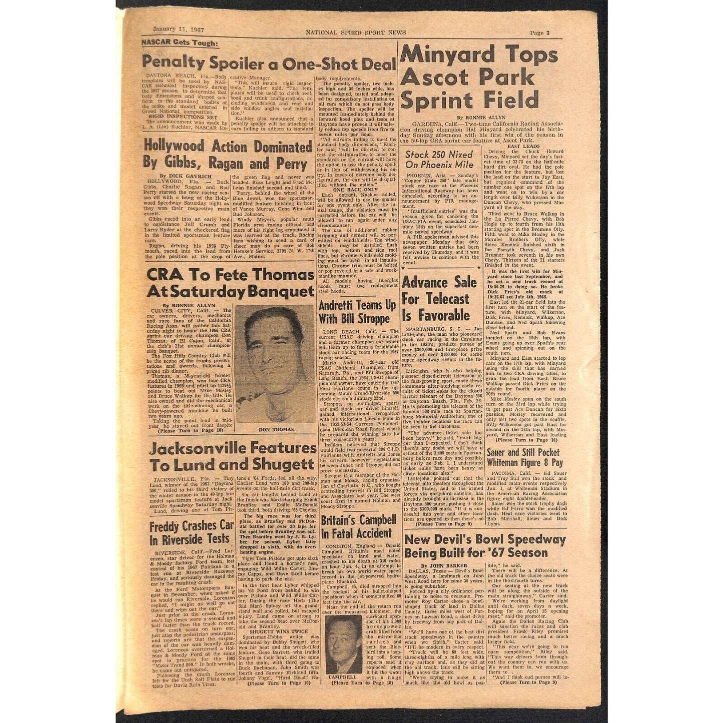 National Speed Sport News 1/11 1967 Hal Minyard Wins at Ascot Racing 11pp