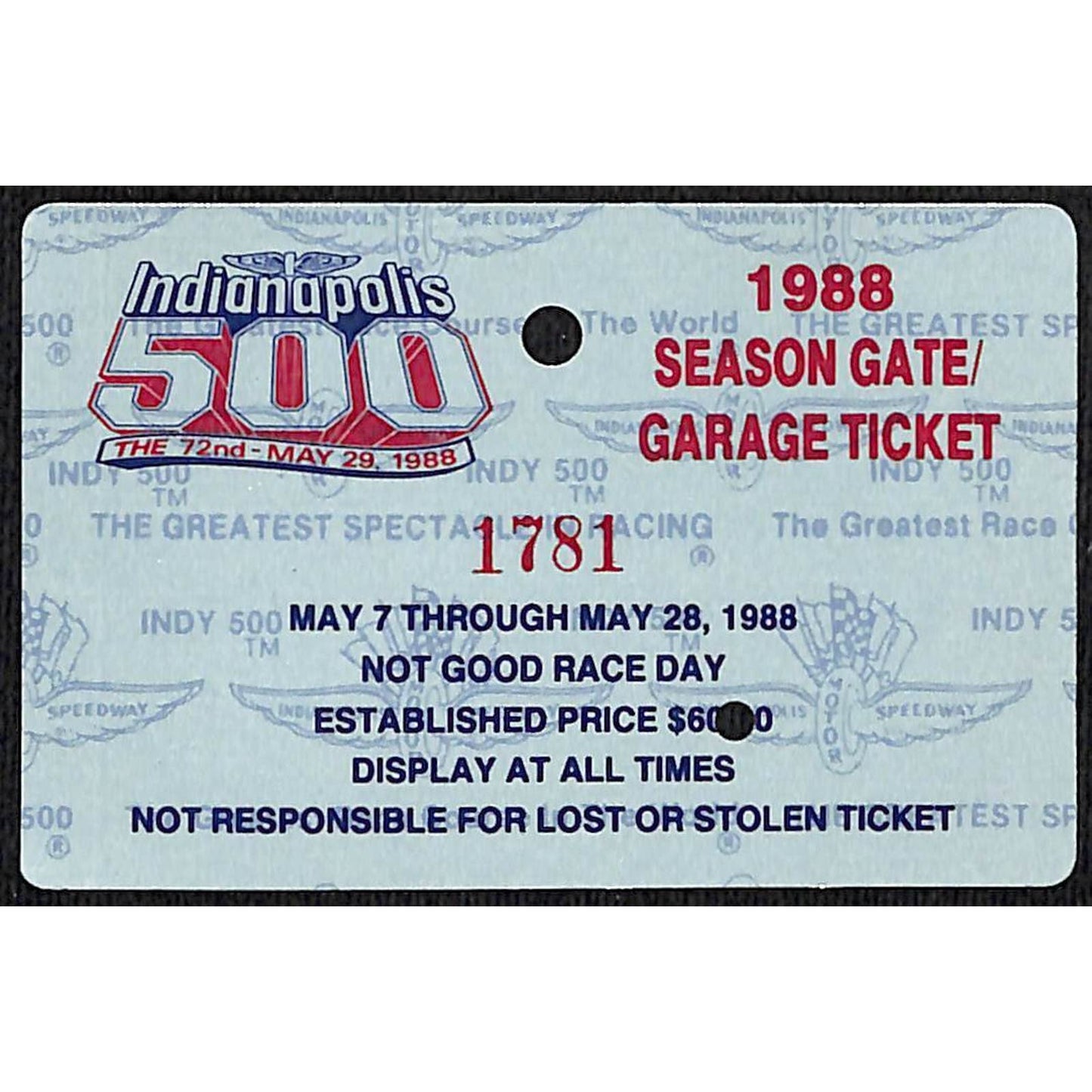 1988 Indy 500 Season Gate / Garage Ticket Pass Card Indianapolis IMS #1781 VGC