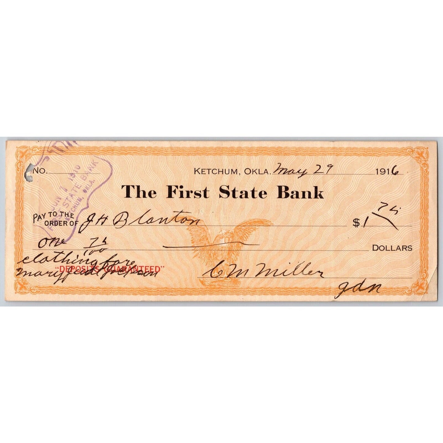 Ketchum, Oklahoma Territorial 1916 First State Bank Check - Scarce