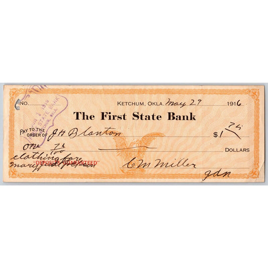 Ketchum, Oklahoma Territorial 1916 First State Bank Check - Scarce