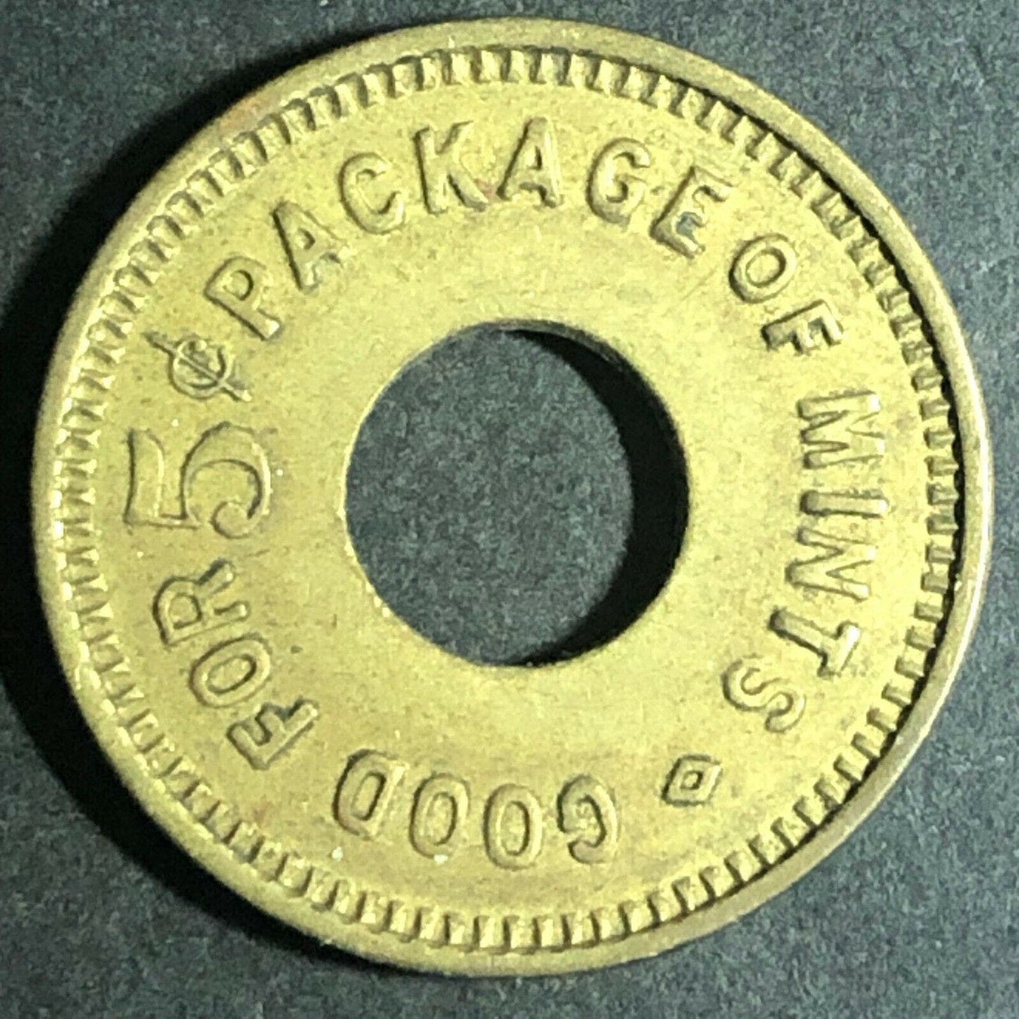 Vintage 21mm Brass "G/F 5c Package of Mints" Token 99632