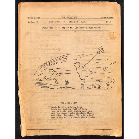 1935 Spottswood, VA "The Spotlight" Spottswood High School Monthly Mar 28 8pp